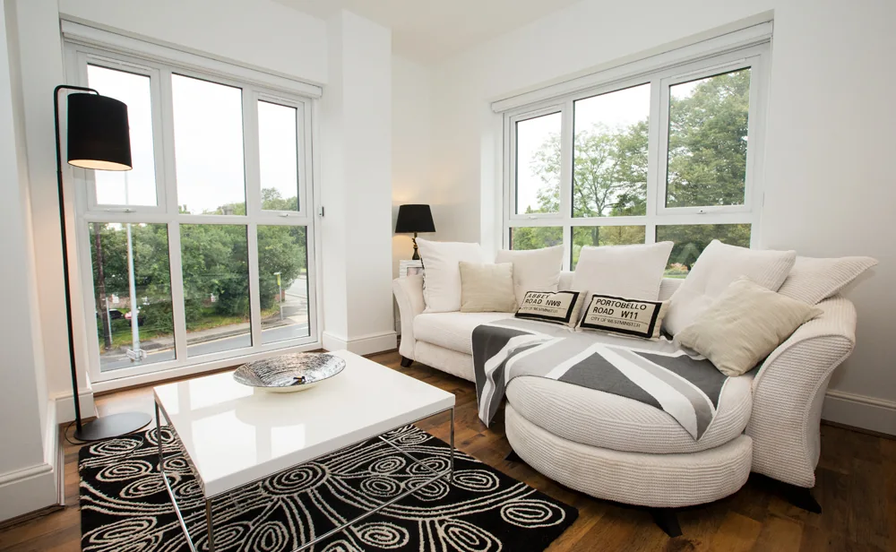 Bright living room with windows on two sides